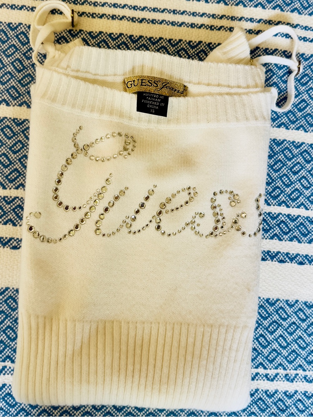 GUESS Cream Off-the-Shoulder Rhinestone Logo Sweater